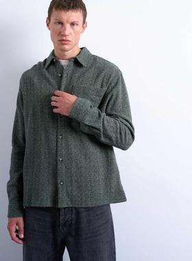 Topman 男士 衬衫 宽松款灰色织纹绿色衬衫