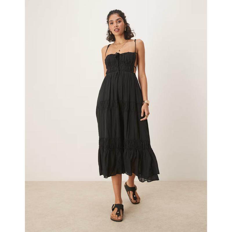 Free People 女士 连衣裙 taking sides midaxi 层叠连衣裙(黑色)