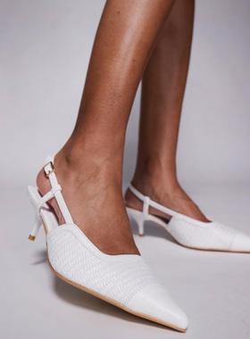 Public Desire 女士 鞋靴 宽版抽跟小跟拉菲草编织白色凉鞋