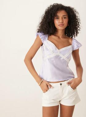 ASOS DESIGN 女士 背心 设计缎面蕾丝边混纺纱淡紫色背心上衣