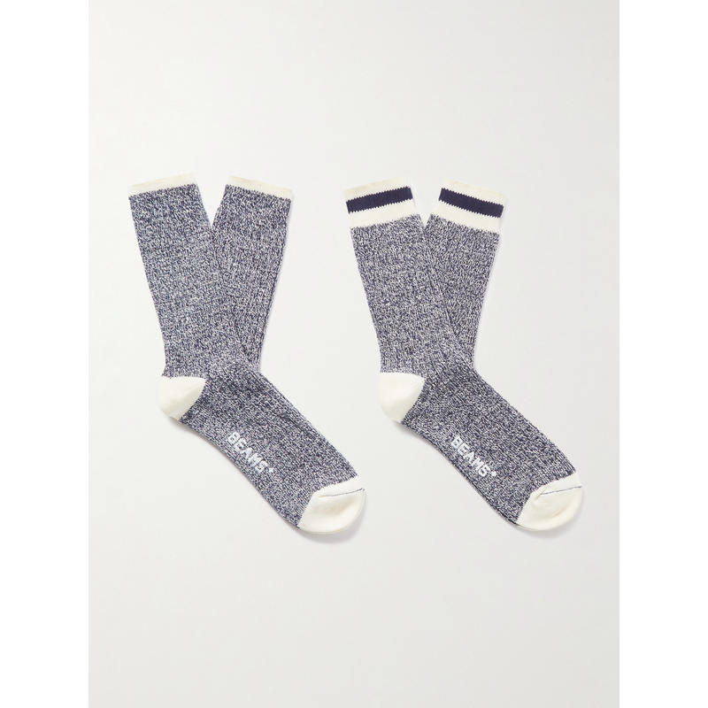 Beams 男士 袜子 Rag 条纹罗纹混纺棉袜子(两件套)