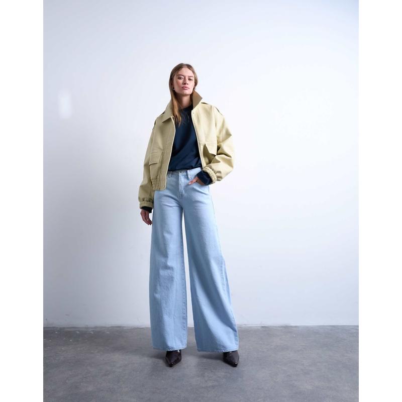 Topshop 女士 牛仔长裤 中腰阔腿漂白牛仔裤