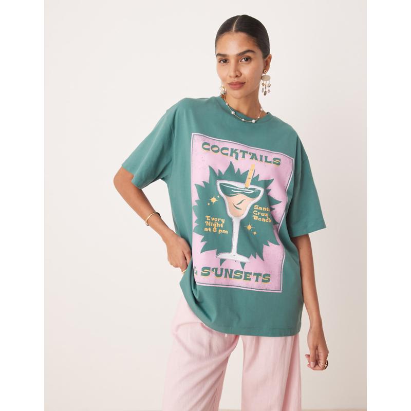ASOS DESIGN 女士 T恤 and sunset 设计宽松款鸡尾酒印花绿色T恤