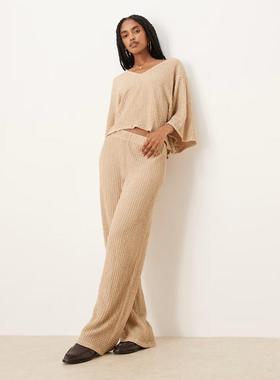 ASOS DESIGN 女士 长裤 co-ord 设计织纹阔腿石头色裤子
