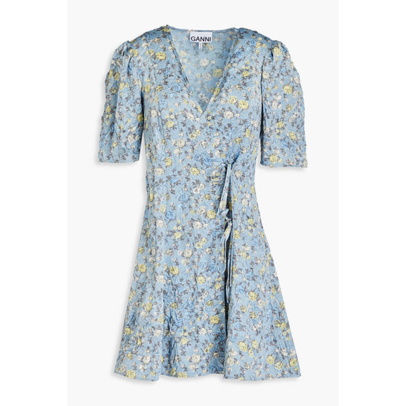 Ganni 女士 短款连衣裙 印花皱状绸缎迷你缠绕式连衣裙