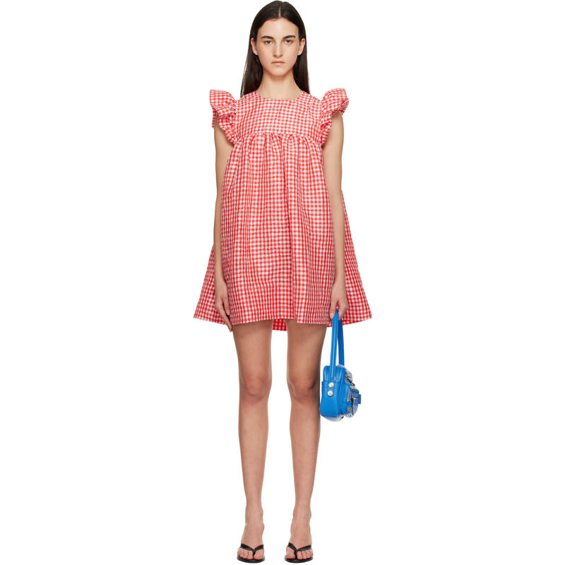 Ganni 女士 短款连衣裙 红色 Crinkled Check Taffeta 连衣裙