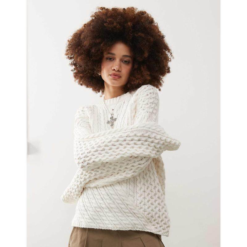 Weekday 女士 毛衣 五月不对称麻花扭纹针织套头衫(米白色)
