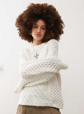Weekday 女士 毛衣 五月不对称麻花扭纹针织套头衫(米白色)