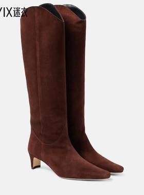 Staud 女款Wally 西部风格绒面革及膝靴子 迷衣时尚