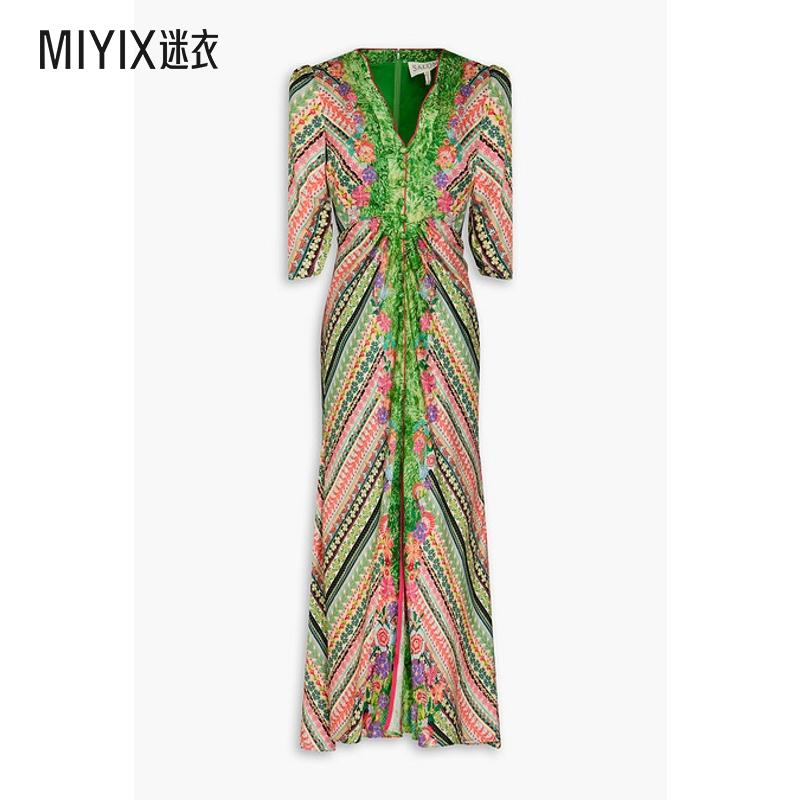 Saloni女士Mitsu 褶皱印花真丝缎提花长款连衣裙 迷衣时尚