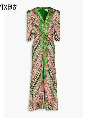 Saloni女士Mitsu 褶皱印花真丝缎提花长款连衣裙 迷衣时尚