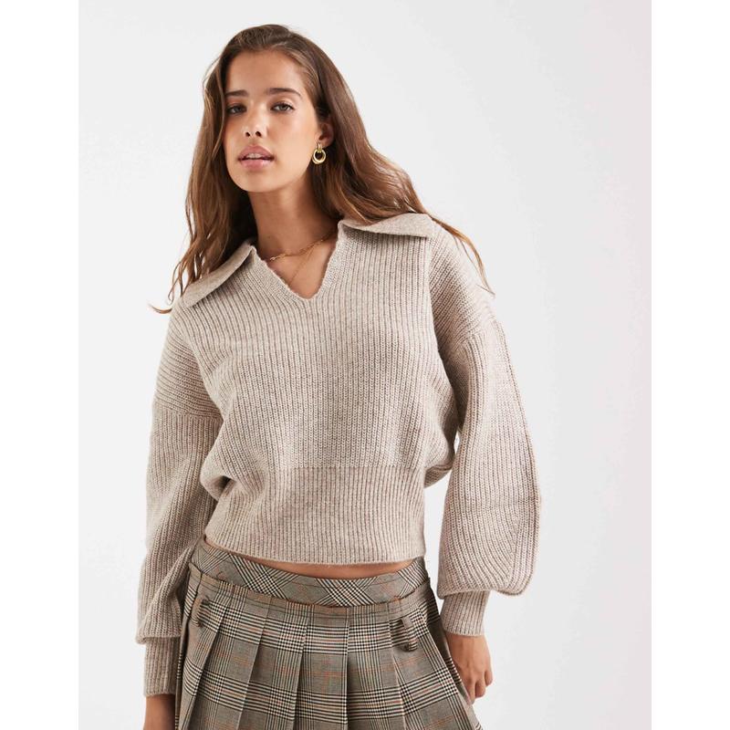 ASOS DESIGN 女士 毛衣 设计渔民罗纹收腰Polo衫(燕麦色)