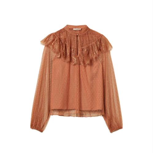 TWINSET 女士 SS26 衬衫 MOUSSE 咖啡色蕾丝荷叶边