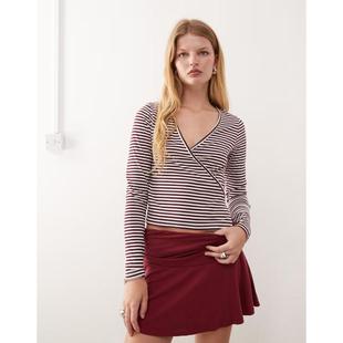 Collusion 女士 上衣 栗色条纹V领裹式长袖上衣
