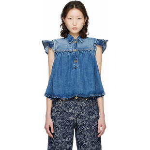 Ganni 甘尼 女士 背心 蓝色 Denim Ruffle 上装