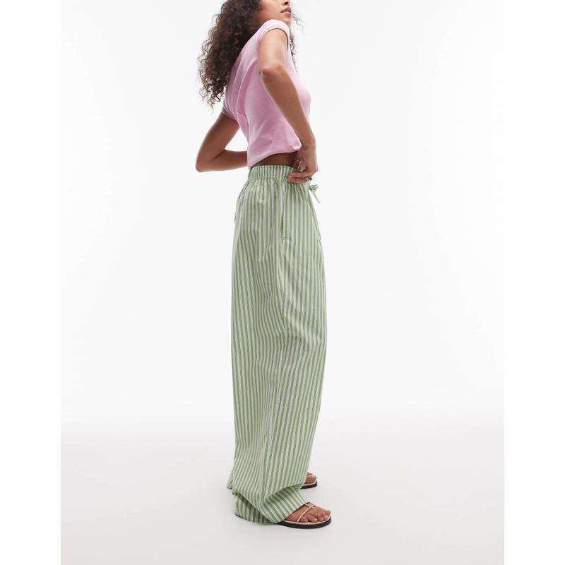 Topshop 女士 长裤 pull 府绸阔腿绿色条纹裤子