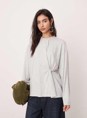 ASOS DESIGN 女士 T恤 EDITION 针织打结长袖T恤(灰色)