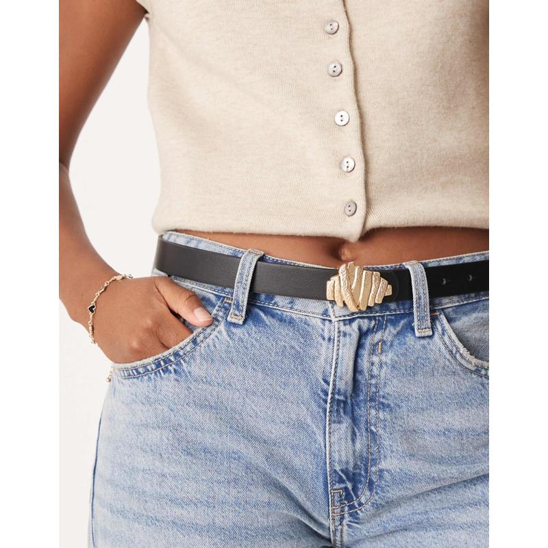 ASOS DESIGN 女士 腰带 and hip 设计腰部织纹碟形皮带(黑色)