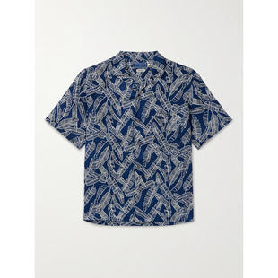 BLUE BLUE JAPAN 男士 衬衫 Camp-Collar 印花靛蓝染色亚麻衬衫