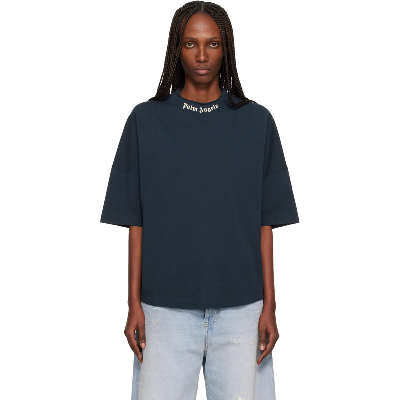 Palm Angels 女士 T恤 海军蓝 Curved Logo Collar Over T 恤