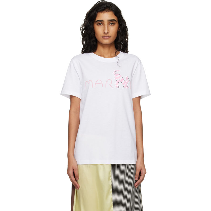 Marni 玛尼 女士 T恤 白色 Marni Logo Flock Fluffy Cat Jersey图片