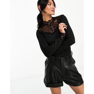 黑色 YAS 蕾丝拼块长袖 上衣 女士