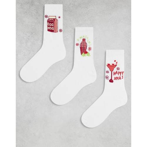 ASOS DESIGN 男士 袜子 drinks 设计圣诞图形袜子(三件套)(白色)