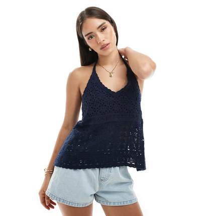 Hollister 女士 背心 钩花挂脖海军蓝上衣