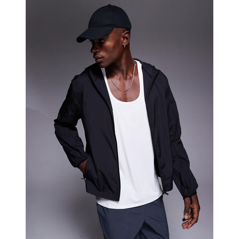 4505 男士 卫衣 褶皱尼龙防水轻身宽松款合身跑步连帽夹克(黑色)