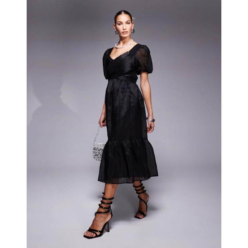 Lulus 女士 中长连衣裙 泡泡袖中长茶色连衣裙(黑色)