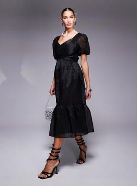 Lulus 女士 中长连衣裙 泡泡袖中长茶色连衣裙(黑色)