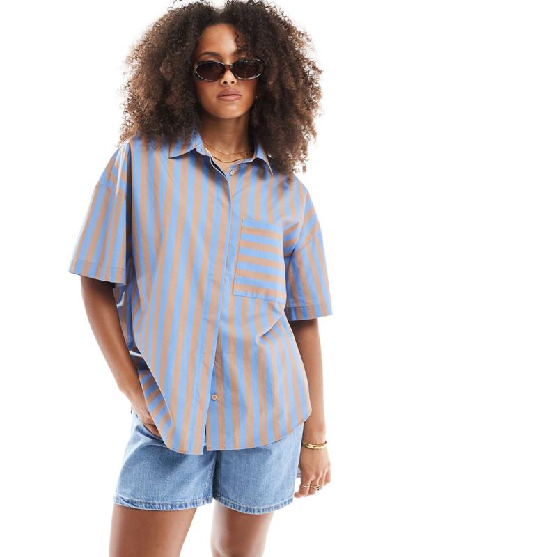 ASOS DESIGN 女士 衬衫 设计短袖宽松款棕色条纹衬衫(蓝色)