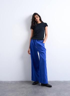 Topshop 女士 长裤 灯芯绒阔腿抽绳深蓝色裤子