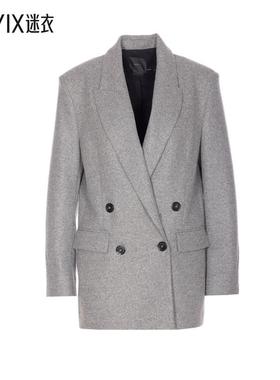 [秋冬新品]Pinko 女款'Amora' Revers 灰色双排扣耸肩羊毛混纺女