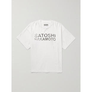 Luke SATOSHI T恤 男士 磨破徽标印花棉针织T恤 NAKAMOTO