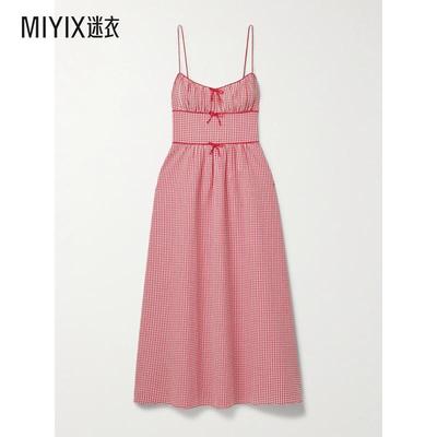 DÔEN 女款Belline recycled-seersucker 蝴蝶结方格棉布中长连衣