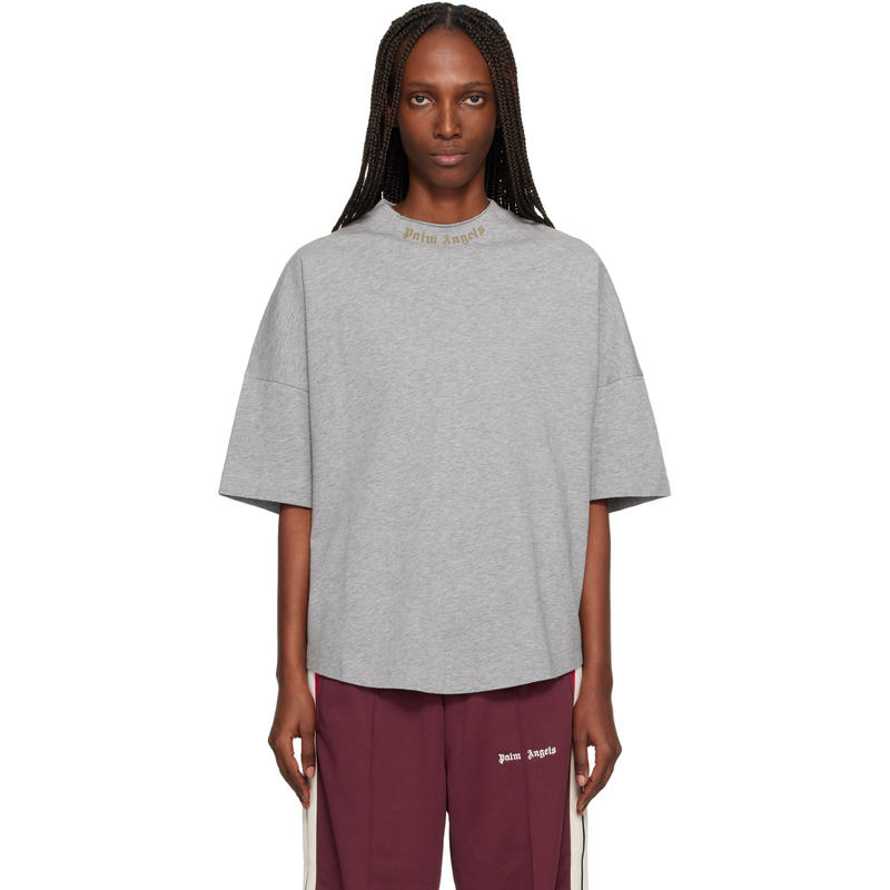 Palm Angels 女士 FW25 T恤 灰色 Curved Logo Collar Over T 恤
