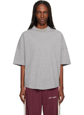 Palm Angels 女士 FW25 T恤 灰色 Curved Logo Collar Over T 恤
