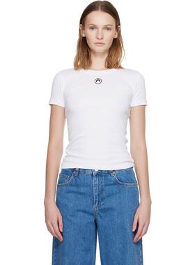 Marine Serre 女士 T恤 白色 Moon Logo Ribbed Jersey Baby Fit