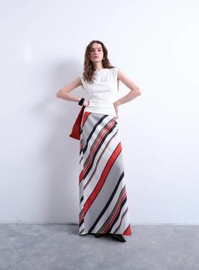 Topshop 女士 超长裙 flood length bias 长款红色白色条纹半身裙