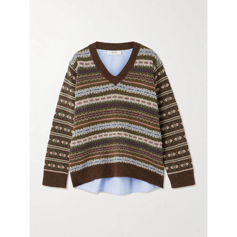 Sea NY 女士 毛衣 Ciara and 'Fair Isle' 条纹棉质府绸羊毛毛衣