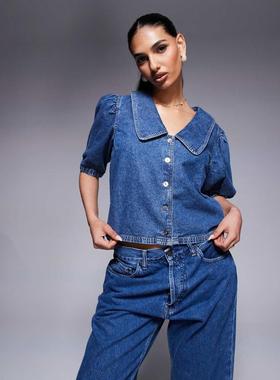 River Island 女士 上衣 “” 牛仔泡泡袖蓝色上衣(midwash)