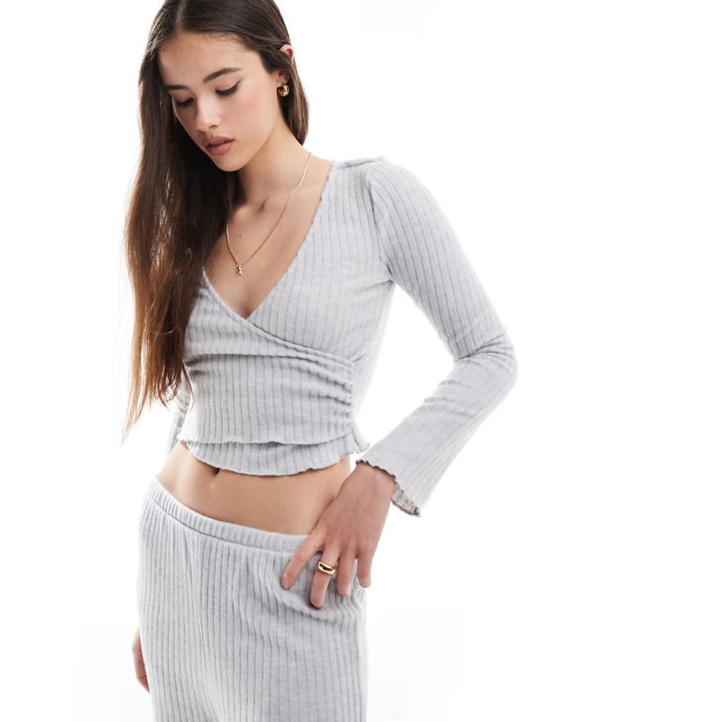 Cotton:on 女士 睡衣 棉质超柔软罗纹裹式休闲上衣(灰色)