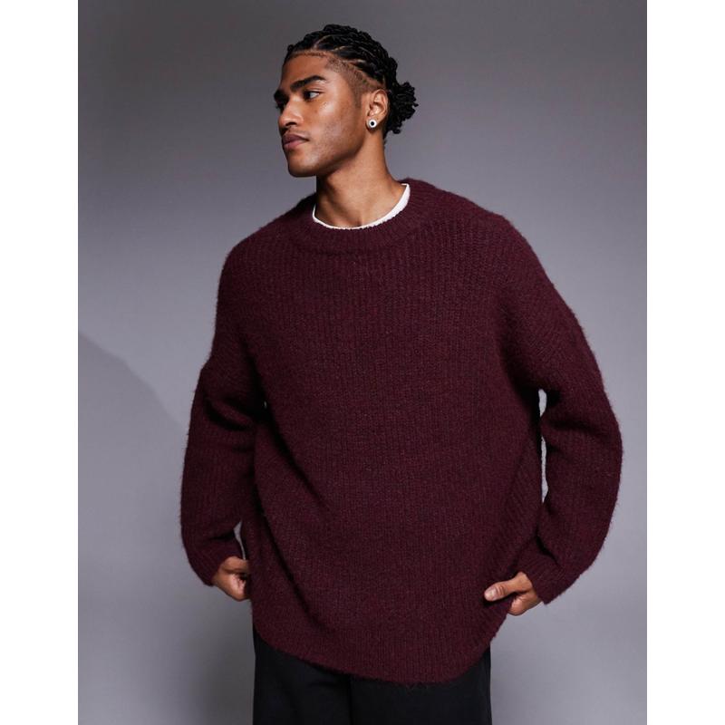 ASOS DESIGN 男士 毛衣 设计超宽松款针织水手领酒红色套头衫