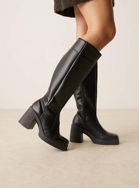 ASOS DESIGN 女士 靴子 Coraline pu 设计方头高跟及膝靴子(黑色)