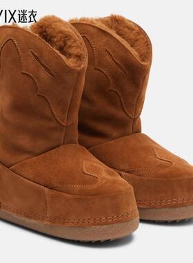 INUIKII 女款牛仔刺绣绒面革雪地靴 迷衣时尚