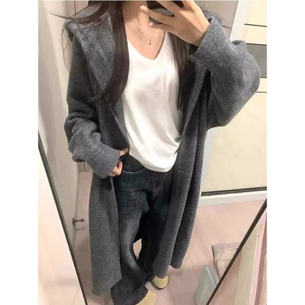 中长款过膝连帽毛衣外套女开衫秋冬新款针织宽松加厚气质慵懒大衣
