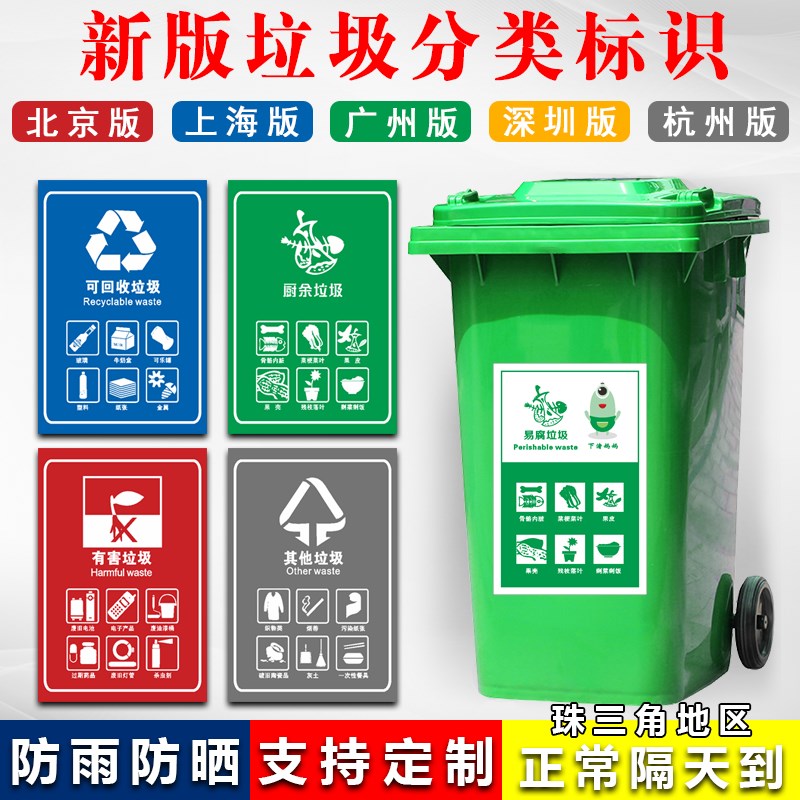 垃圾分类标识贴纸广州深圳垃圾桶标语干湿可回收不可回收有害标识