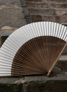 宣纸扇子 空白色折扇可书画老竹扇双面扇黑色复古风把玩流苏7寸扇