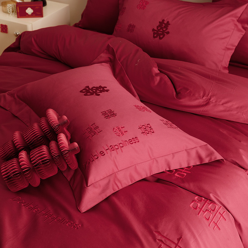 梵间婚庆140S长绒棉四件套纯棉全棉结婚房喜字牀笠款红色新婚牀品